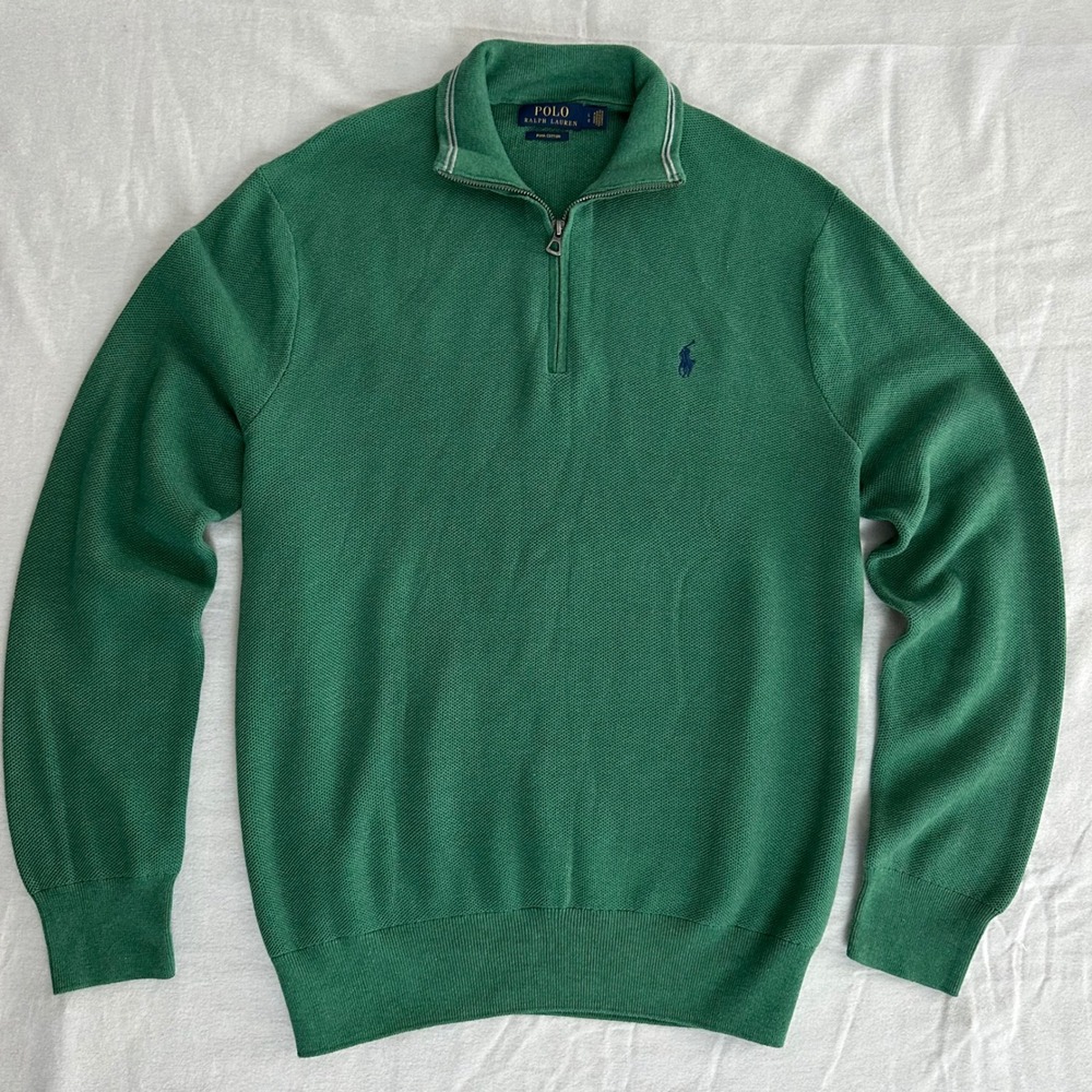 Polo Ralph Lauren Mens Green Waffle Knit Pima Cotton Quarter Zip Sweater Large